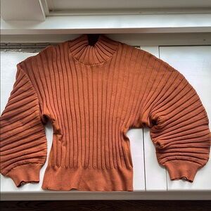 Free People Rust Mock Turtleneck Wide Ribbed Knit Sweater with balloon sleeves